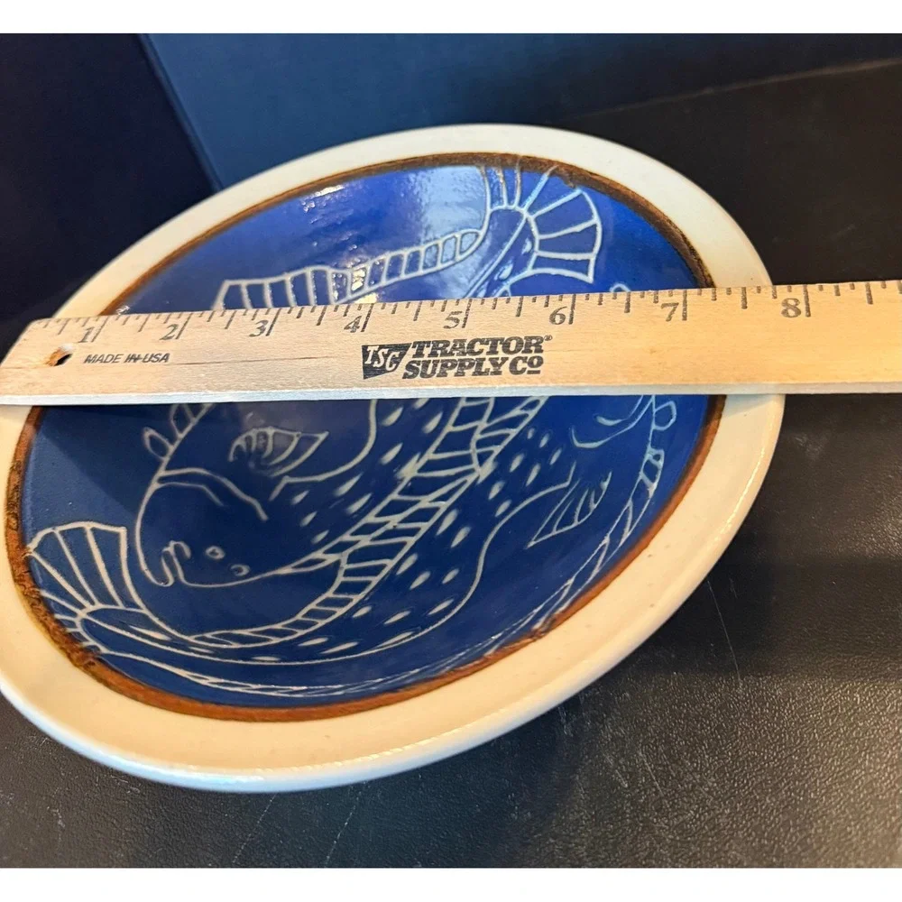 Ahna Iredale Pottery Bowl Blue Sgraffito Fish Handcrafted Alaska Artist 7.5